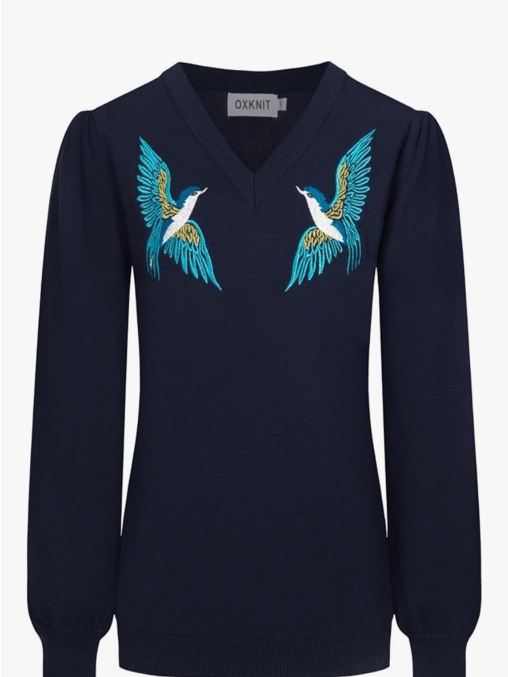 Oxknit Navy V-Neck Sweater with Turquoise Embroidered Bird Motifs